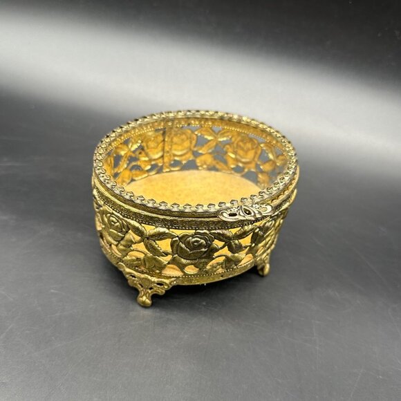 Other - Vintage Jewelry Casket Box Floral Gold Tone Metal Glass Rose Flower Trinket Dish